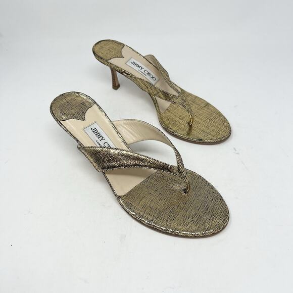 Jimmy Choo Gold Textured Leather Thong Wooden Heel Sandals Size 38 EU Y2K NYE - Picture 9 of 9
